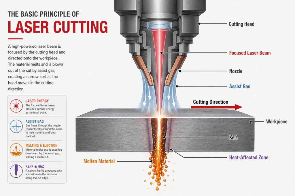 Basic laser cutting process with focused beam assist gas and cutting kerf