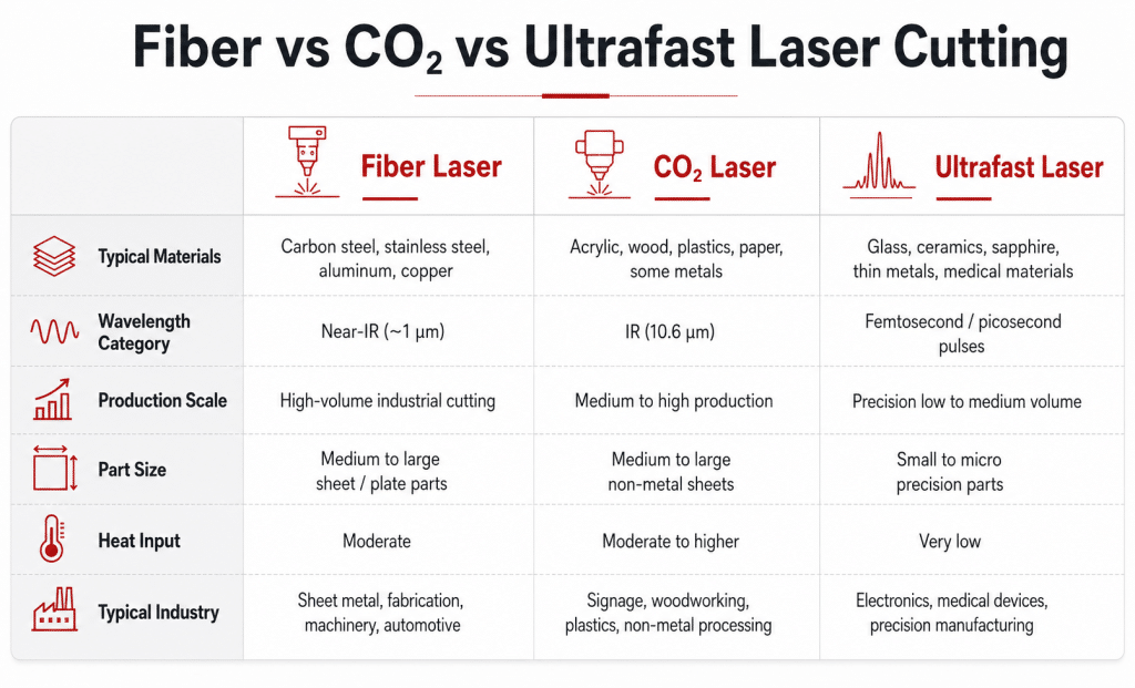 Fiber CO2 and ultrafast laser cutting technology comparison