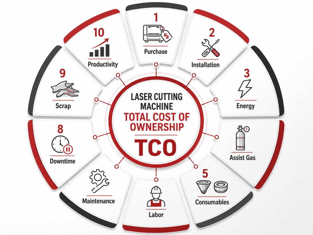Total cost of ownership factors for an industrial laser cutting machine