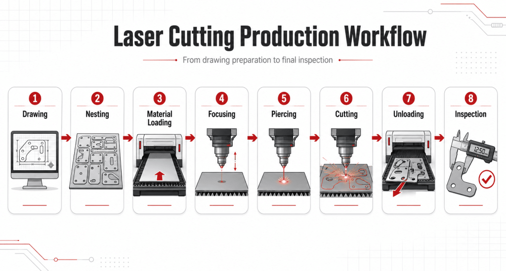 Industrial laser cutting workflow from drawing and nesting to inspection