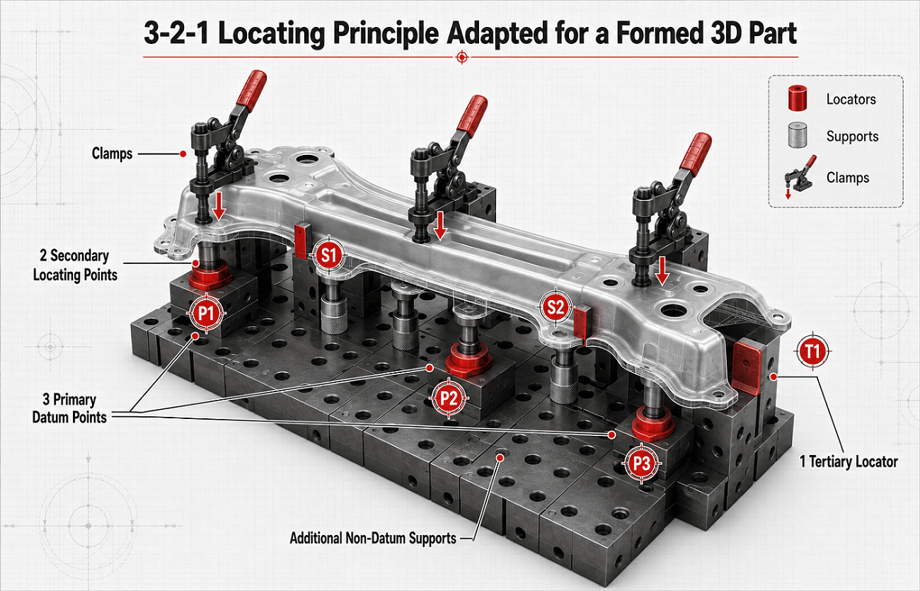 3-2-1 locating principle for a 3D five-axis laser cutting fixture