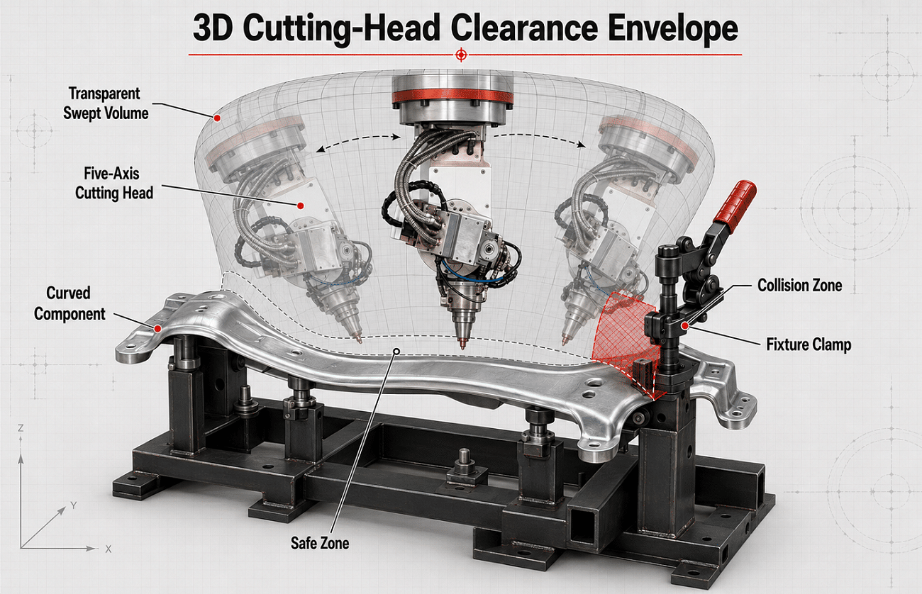 Five-axis laser cutting head clearance envelope around fixture clamps