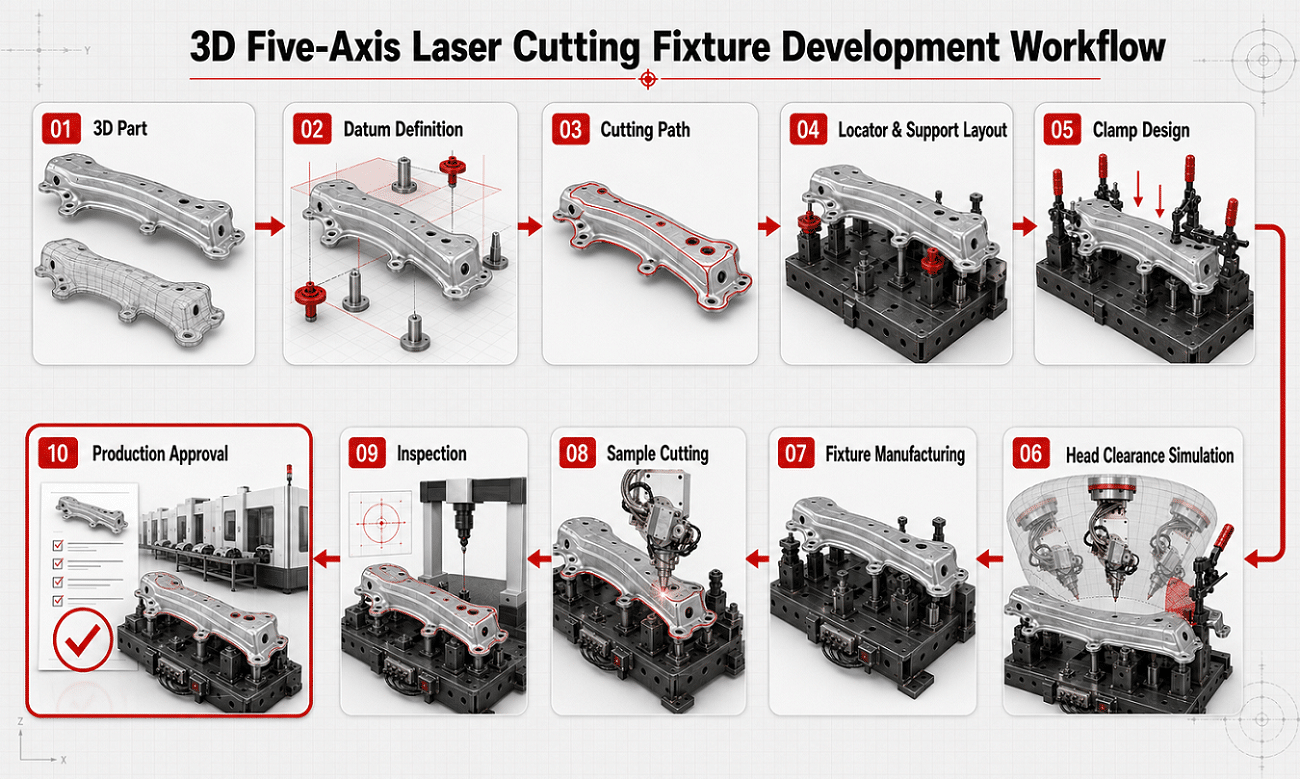 Fixture design workflow for 3D five-axis laser cutting