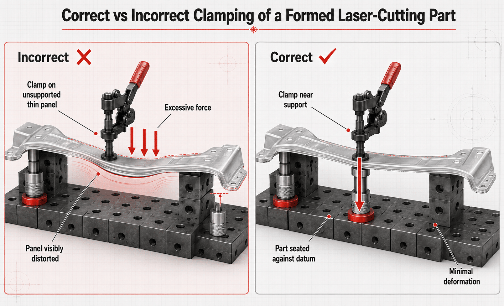 Correct clamping method to prevent deformation in five-axis laser cutting fixtures