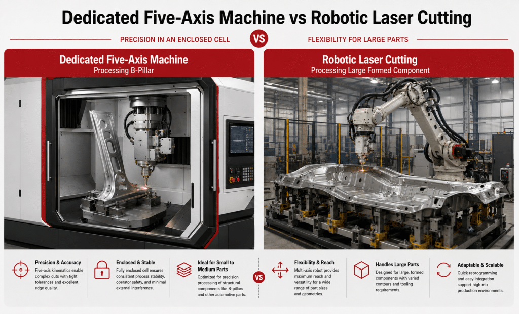 Five-axis laser cutting machine compared with robotic laser cutting