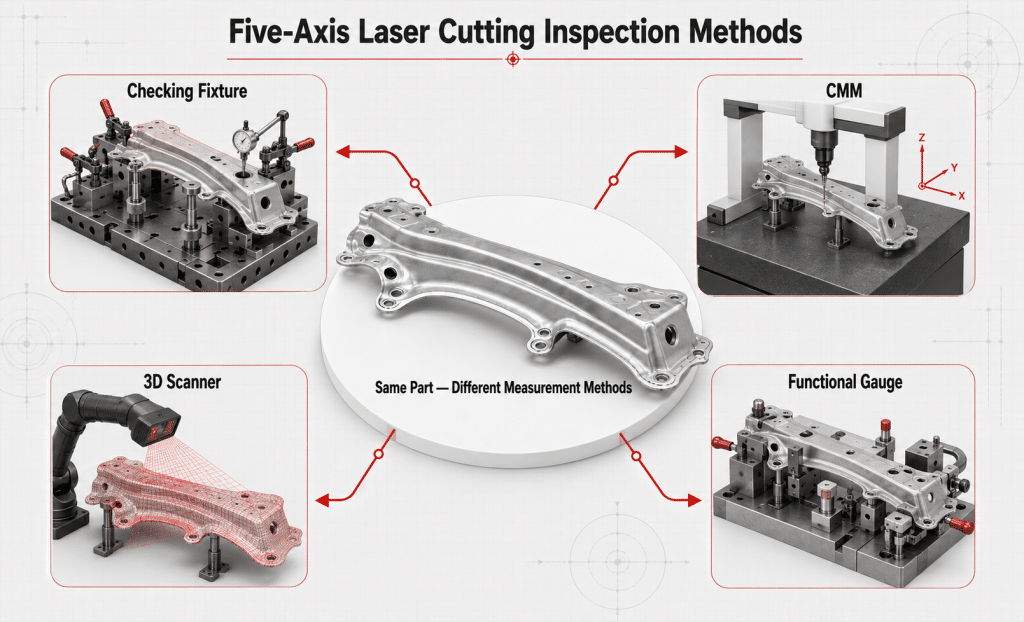 Inspection methods for measuring five-axis laser-cut automotive parts