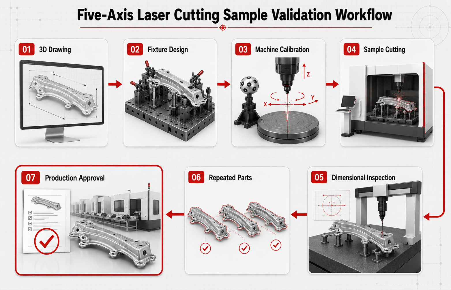 Five-axis laser cutting accuracy validation workflow before production