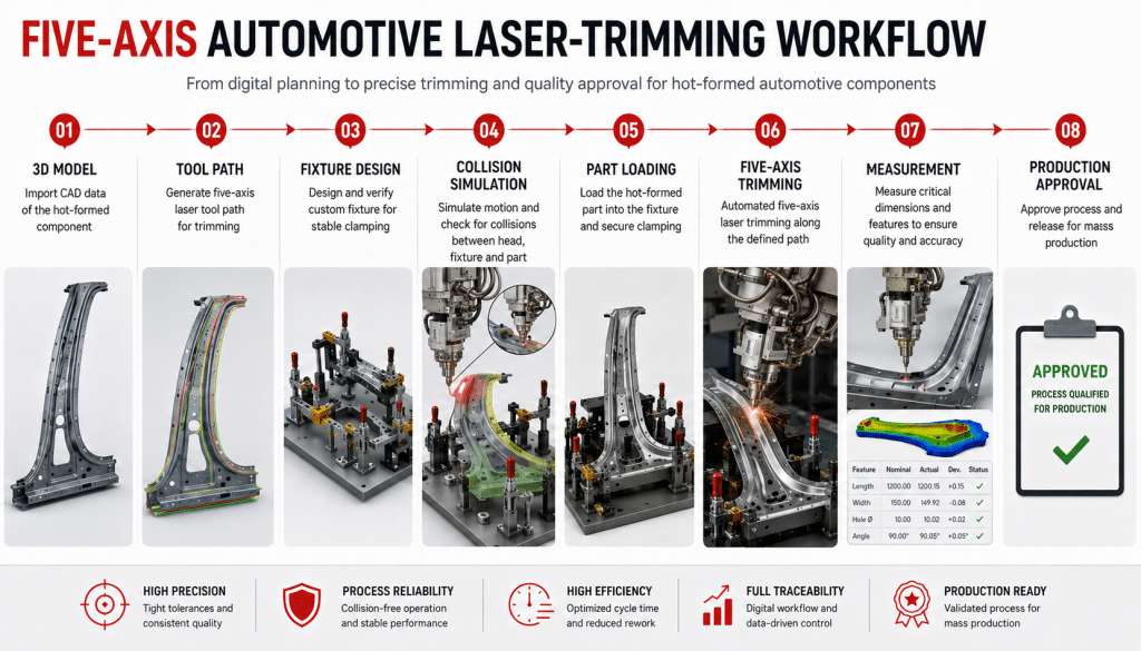Five-axis laser trimming workflow for hot-formed automotive components