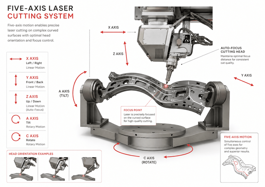 X Y Z A and C axis motion in five-axis laser cutting
