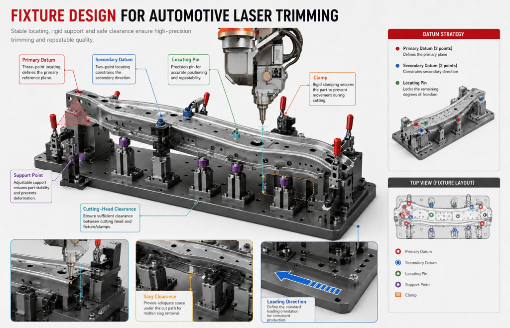 Fixture locating support and clamping design for automotive laser trimming