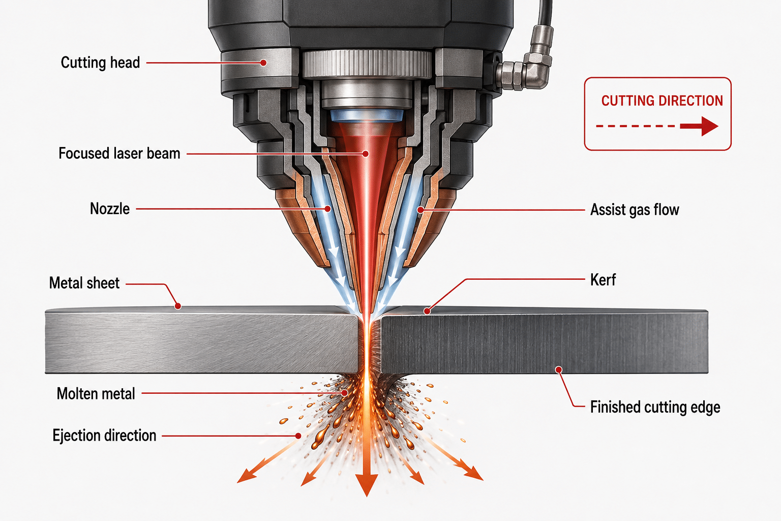How assist gas removes molten metal during laser cutting