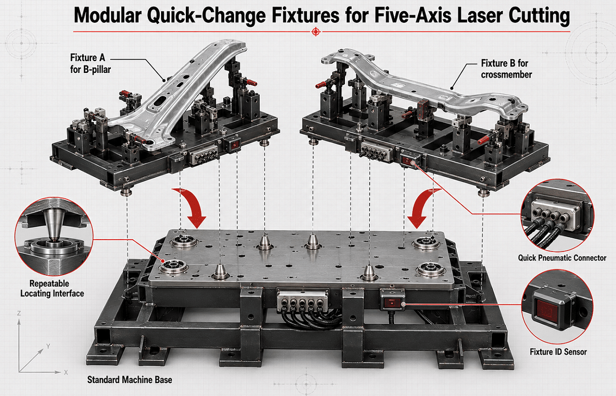 Modular quick-change fixture system for five-axis laser cutting