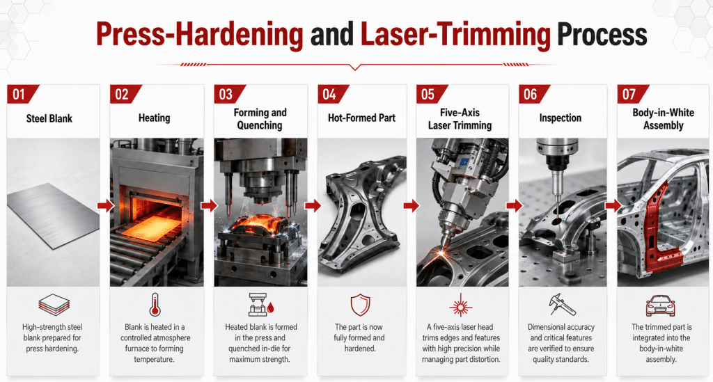 Press hardening and five-axis laser trimming process for automotive parts