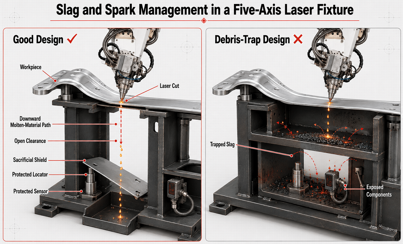 Slag clearance and sacrificial protection in a five-axis laser cutting fixture