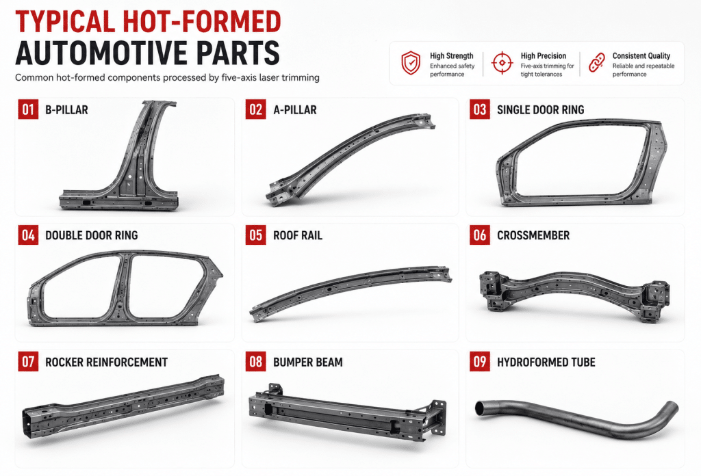 Typical hot-formed automotive parts processed by five-axis laser trimming