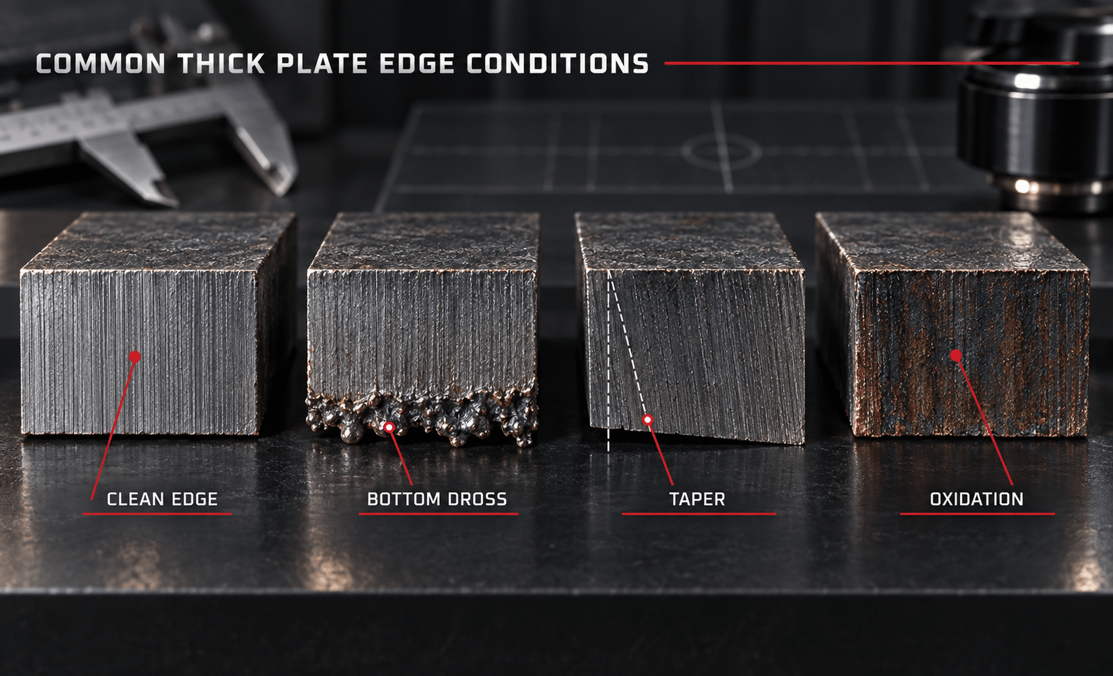 Common thick steel laser cutting edge quality problems including dross taper and oxidation