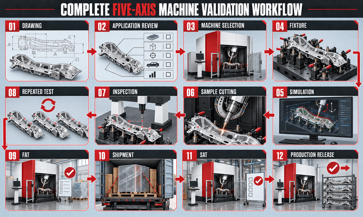 Sample testing FAT and SAT workflow for a five-axis laser cutting machine