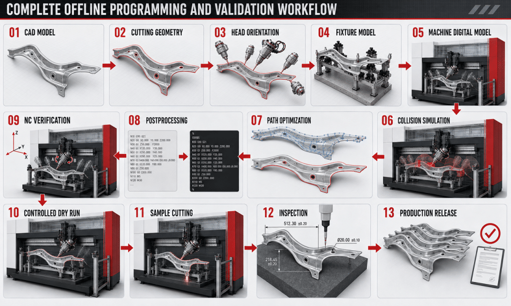 Offline programming and collision simulation workflow for five-axis laser cutting