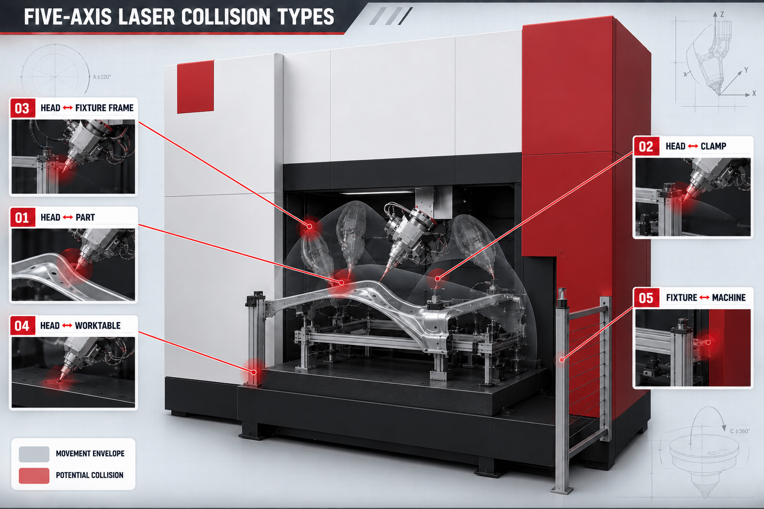 Common collision risks in 3D five-axis laser cutting simulation