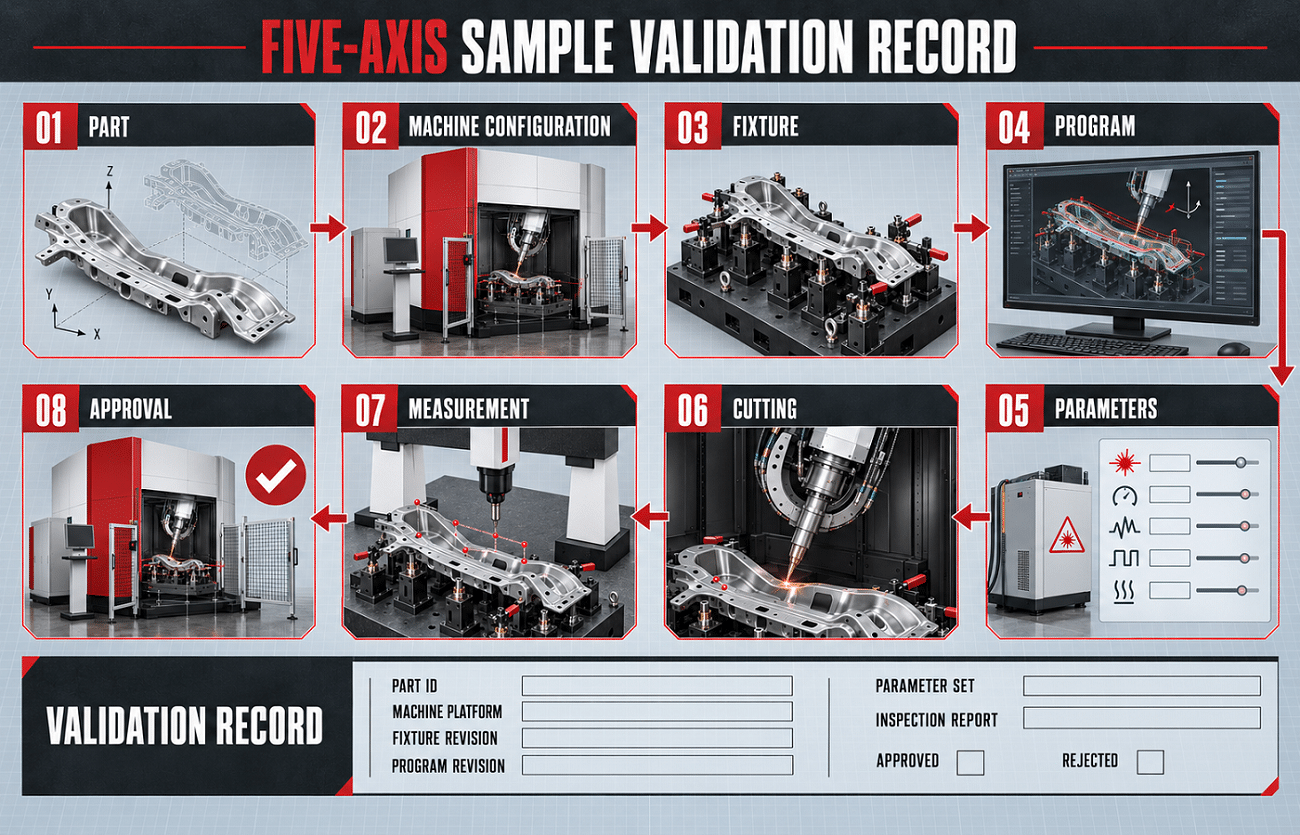 Five-axis laser cutting sample validation and test record