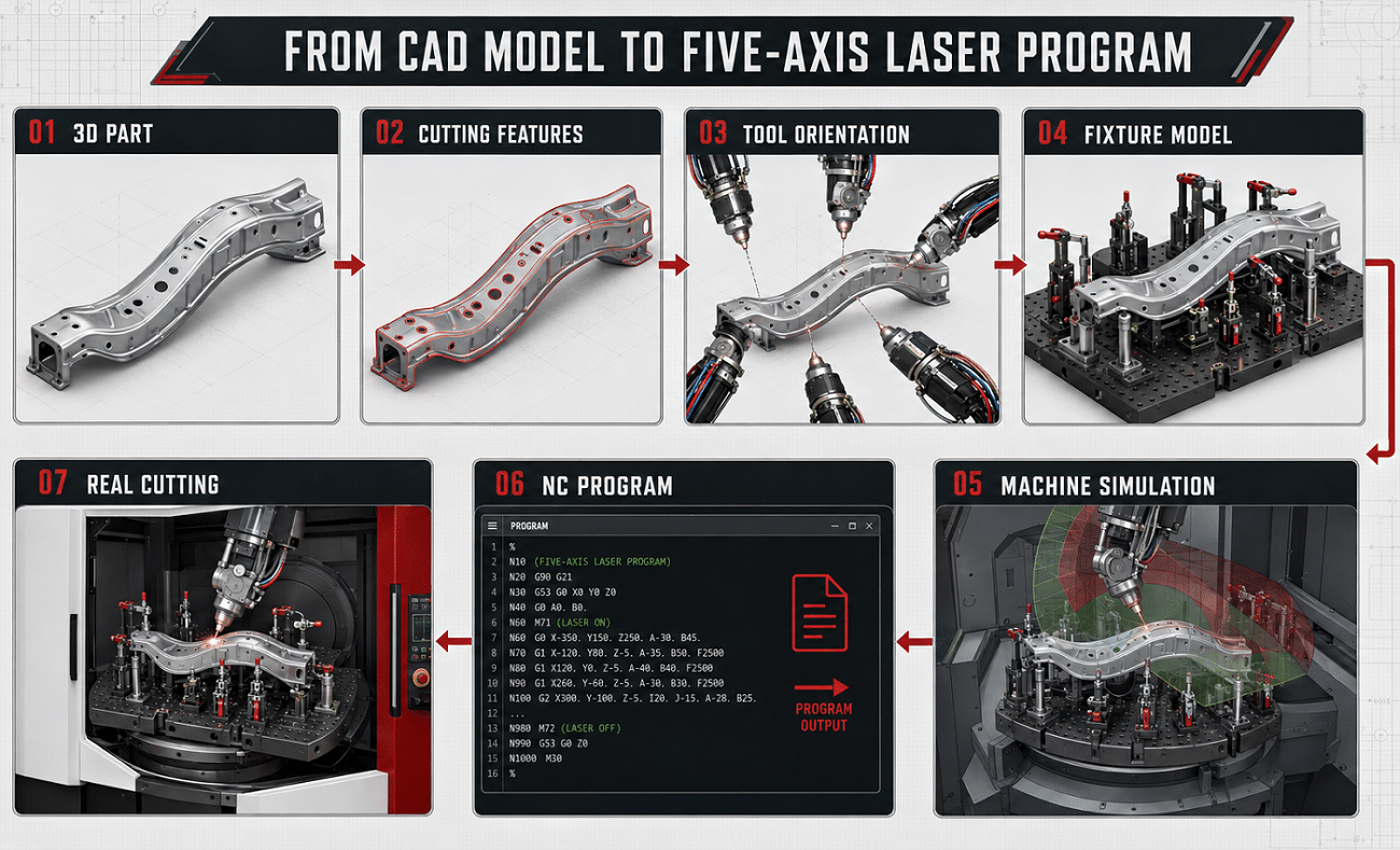Offline programming workflow for 3D five-axis laser cutting