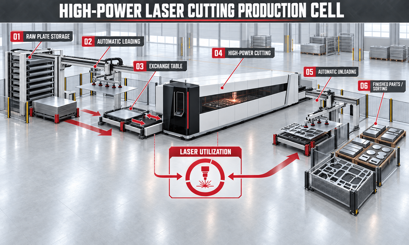 High-power fiber laser cutting machine with automated sheet loading and unloading