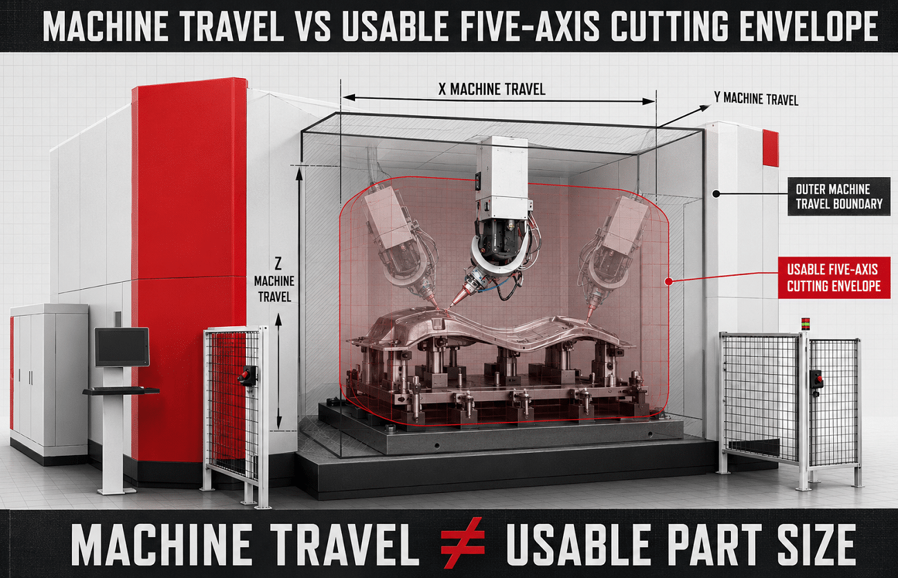 Difference between machine travel and usable cutting envelope in five-axis laser cutting