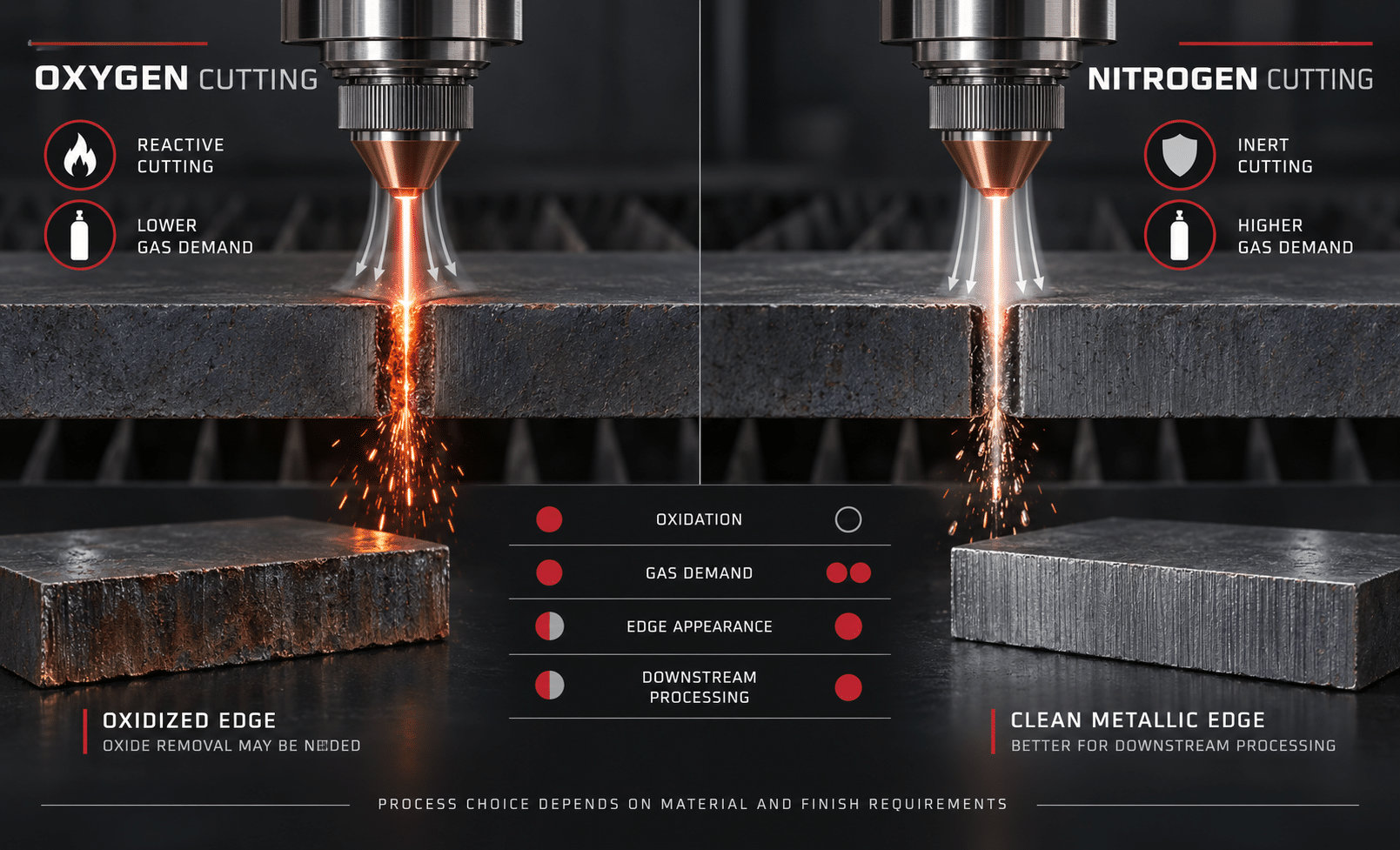 Oxygen versus nitrogen assist gas for thick steel plate fiber laser cutting
