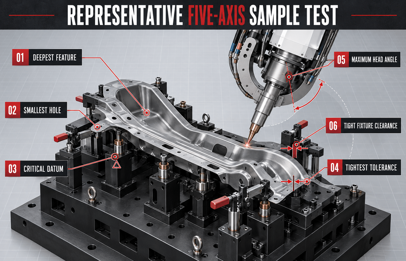 Representative sample testing for a 3D five-axis laser cutting machine