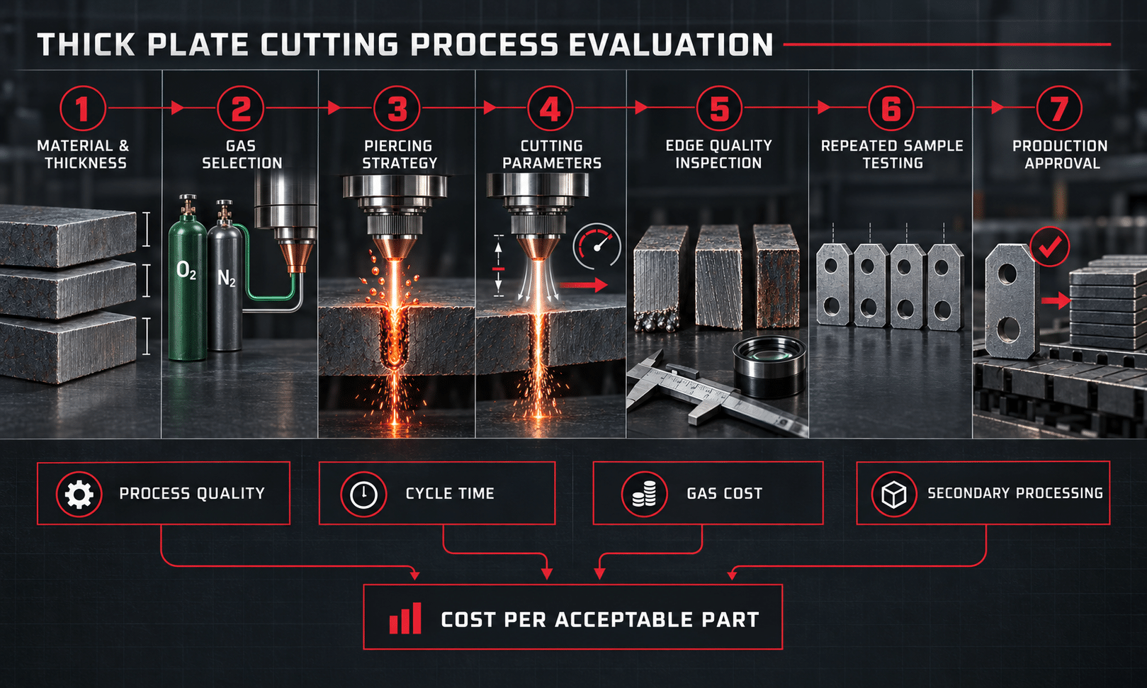 Thick steel plate fiber laser cutting process evaluation from gas selection to production approval