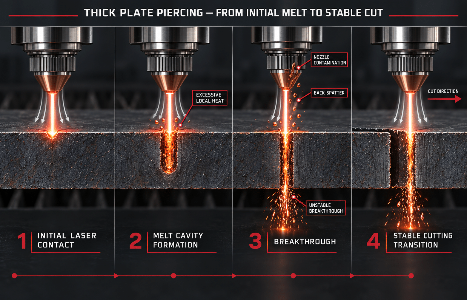 Thick steel plate fiber laser piercing sequence from initial melt to stable cutting